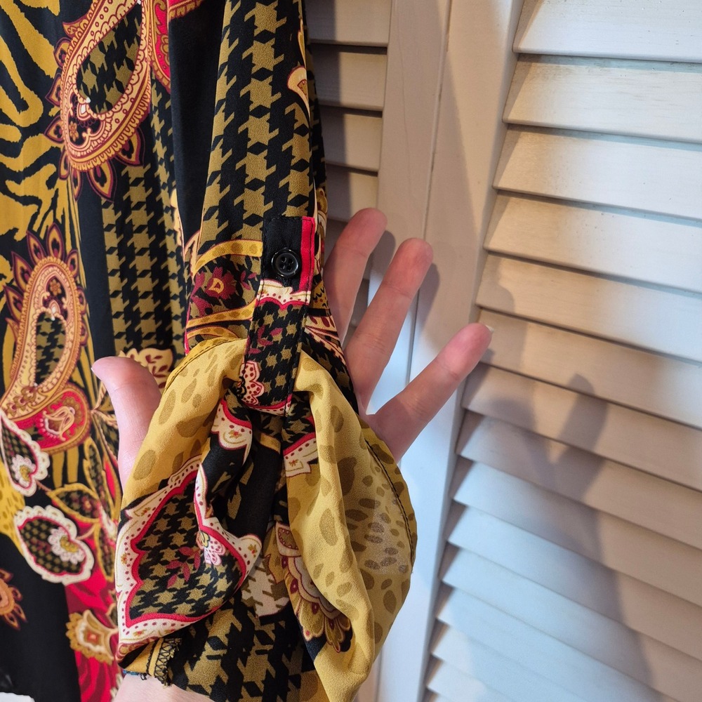 Melissa Paige Patchwork Print Tunic Top Black Red‎ Yellow Roll Tab Sleeve M/L - Picture 11 of 12